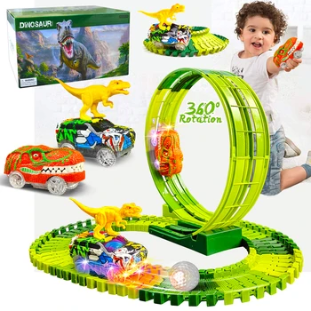 Играчки за състезателни автомобили с динозаври, Създаване на свят на динозаврите, Състезания за 3 коли, Игри с набор от гъвкави пътеки за момчета и момичета 3, 4, 5, 6, 7, 8 години 0
