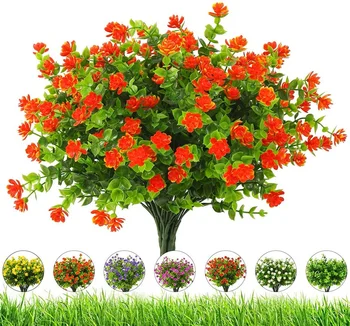 Изкуствени Цветя На Открито На 8 Греди Устойчиви На Uv Фалшиви Цветя Пластмасови Изкуствени Цветя, Зелени Храсти, Растения за Външна Украса