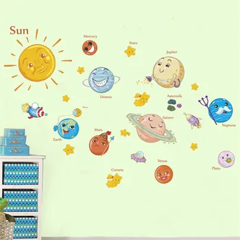 Карикатура на Слънчевата Система на Планетата с Космическия Кораб Стикери За Стена За Декорация на Детска Стая Спални Момчета Детски Рисувани Изкуството Сам PVC Стикери За Дома