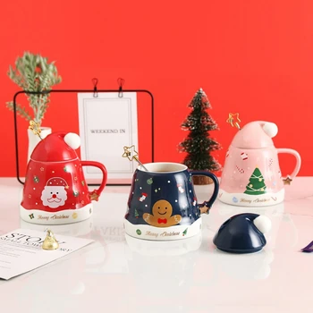 Коледни Керамични Чаши с Капак, Пръчка за Разбъркване, Мультяшные Чаши за Чай, Вода, Кафе, Мляко, Коледна Коледна Посуда за Напитки за Приятел 0