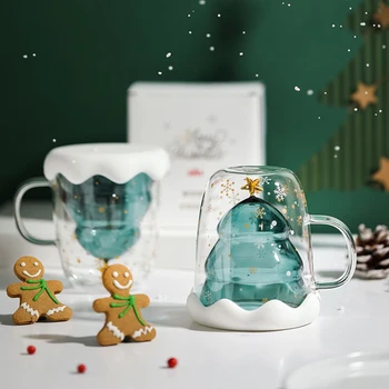 Коледно Дърво Стъклена Чаша За Вода С Двойна Изолация Кафеена Чаша Протеин На Прах Чаша Мляко Звезда Желание За Коледен Подарък За Рожден Ден
