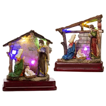 Комплект За Коледната Сцена Статуя На Коледната Сцена С Устойчиво на Малкия Исус в Яслите От Смола Празничен Коледен Комплект С Led Лампи За Дома