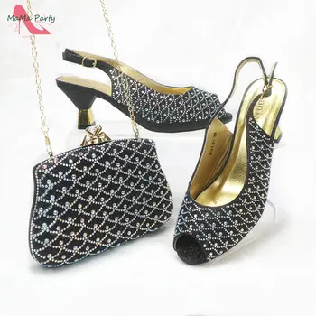 Комплект италиански дизайнерски обувки и чанти в най-сладкото стил черен цвят, украсена с кристали на среден ток за Сватбени партита