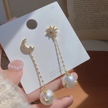 Корейската мода самоличността на звездата на луната диамант, перла пискюл S925 сребърни обеци, игла женски темперамент диви обеци
