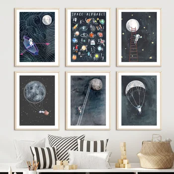 Космически Азбука Астронавт Galaxy Ракета Планета Стенно Изкуство Платно Картина Плакати на Скандинавскую Тема И Щампи Стенни Пана Декор на Детска Стая 0