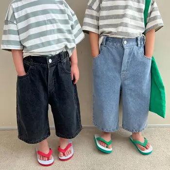 Летни модни Детски обикновена дънкови панталони с широки штанинами, Детски свободни ежедневни панталони с дължина до глезена 0