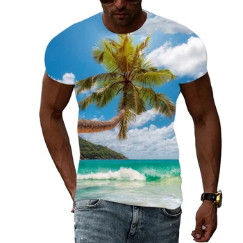 Летни Мъжки Модни плажни тениски с графичен дизайн, Ежедневни тениски с принтом Интересни пейзажи, ризи с къс ръкав в стил хип-хоп, риза в стил харадзюку 0