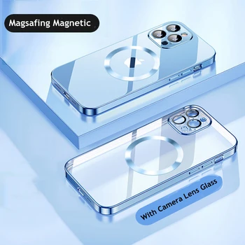 Луксозен Прозрачен Калъф За Безжично Зареждане с Магнитно Покритие Magsafing За iPhone 13 12 11 Pro Max Калъф Мек Силиконов Калъф Fundas 0