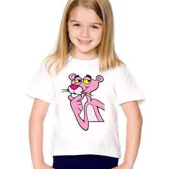 Лятна кавайная тениска за момичета, Хубава детска тениска с розова Пантерой, Къс ръкав, Забавни Дрехи за малките момчета, Детски блузи, HKP5452