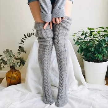 Модни Дамски Възли Памучни Чорапи Над Коляното, Зимни Топли Шарени Високи Чорапи-чорапи, Дебела