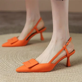 Модни Красиви Леки Оранжеви Удобни Дамски Обувки На Висок Ток, Ежедневни Удобни Офис Обувки На Ток От Лачена Кожа В Бял Цвят, Обувки-Лодка E444