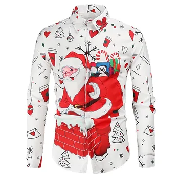 Мъжки Коледа риза с Принтом Дядо Коледа, мъжки Модни дрехи за мъже с Дълги ръкави, Коледна Градинска дрехи, Блузи, блуза, Camisa