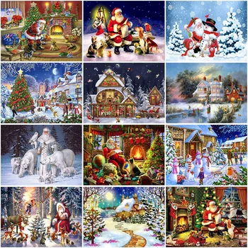 Направи си САМ 5D Диамантена Картина на Дядо Коледа Пълна Тренировка през Цялата Снежна Пейзаж Диамантена Бродерия Мозайка Коледен Снежен човек Подарък Начало Декор 0