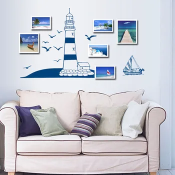 Направи си САМ Home parede стенни стикери, тапети 2016 Newcome Подвижни стенни стикери със Син Океан, Плаване с Лодка Кораб Кула Чайки