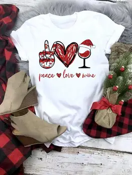 Облекло Тениска С весела Коледа Принтом, Къс Ръкав, Графична Тениска, Коледно Вино, Сърцето си за Любовта на 90-те години, Дамски Модни Ежедневни тениски