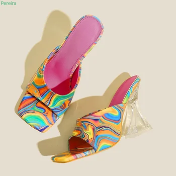 Разноцветни модни чехли; летни дамски сандали на квадратен ток с квадратни пръсти; Удобна секси обувки без стягане ; големи Размери