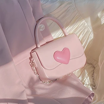 Розово Сърце на Момиче сладко контрастни цветове Малка Квадратна Чанта На Рамото На Мода Любовта на Жената Чанта, Чантата, Чанти Куриерски Чанти Подарък