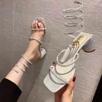 Сандали, Дамски модни луксозни квадратен чорап 2022 летен клуб кристал змия приключи високо петата сандали рожден ден, Сватба парти обувки 0