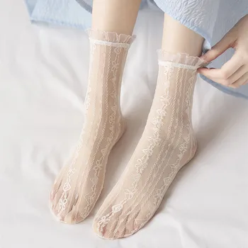 Секси Дантелени Чорапи с къдри в Японски стил, Тънки Прозрачни Летни Кухи Мрежести Чорапи за Екипажа, Дамски Модни Дълги Чорапи в стил Харадзюку в ретро стил