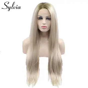 Силвия омбре blond кафяв корен копринена директни топлоустойчива влакнести коса от синтетични перука на дантели средната част е мека, завързана жена перука