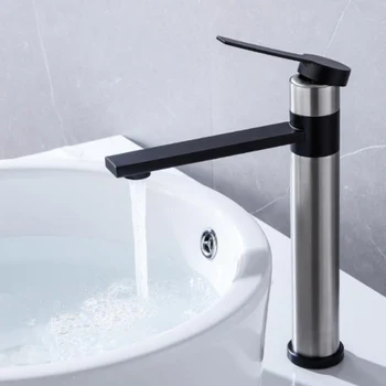 Смесител за мивка за баня кранове 304 корпус от неръждаема стомана бортике матиран кранче за студена и топла вода, подходящи за хотел