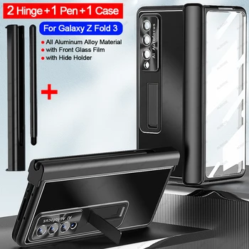 със Сензорна Писалка За Samsung Galaxy Z Fold 4 3 5G Калъф 2 БР Шарнирная Дръжка Слот Предна Стъклена Поставка За Екрана Алуминиева Сплав Z Fold3 на Кутията