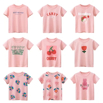 Тениска За момичета, Новите Модни Бебешки Блузи, Бебешки Дрехи, Розови Дрехи За момичета, Детски Памучен Тениска С Шарени Плодове и Къси Ръкави
