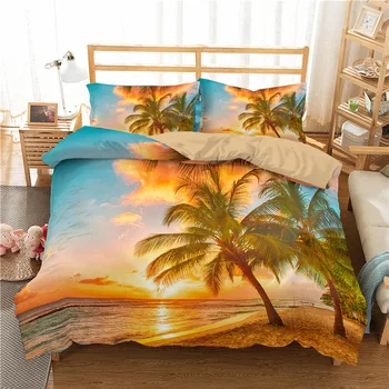 Тропически пейзаж 3D Комплект спално бельо от Микрофибър Тропически Пясъчен плаж с хоризонта при залез слънце и кокосови палми Пухени