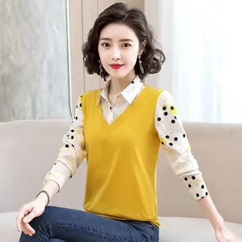 Фалшива Долната риза от две части, Нова Корейска Модерна Риза с принтом в грах, Жена Най-поло с дълъг ръкав и яка S-4XL