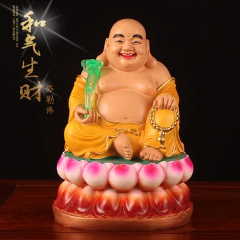 Фигура Статуя на Буда Майтрейя 12/16/19 инча Светъл цвят Светло жълта смола Ruyi Домашно използване на Поклонение Лотосу Усмивка на Щастлив Буда