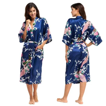 Цветен халат, халат за баня-кимоно, сатен, дълга рокля, рокли за шаферките, сватбен подарък за младоженци, дамска нощница пижами WQ09