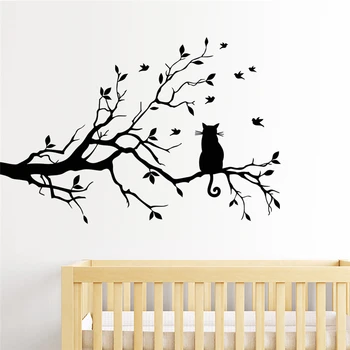 черна котка, на клон на дърво стикери за стена за детска стая хол изкуството на украса на дома сменяеми етикети сам винили