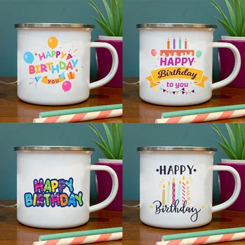 Честит Рожден Ден, кафе чаени чаши с принтом, детска чаша за закуска, млечна чаша, емайлирани чаши за пиене, вечерни Писалки, Съдове За Напитки, Подаръци За Рожден Ден За Деца 0
