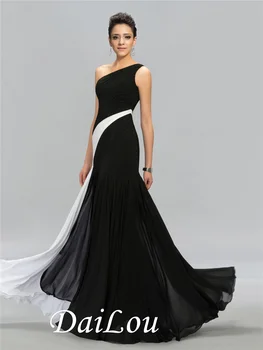 Шифоновое Вечерна рокля-калъф/Колона с дължина до пода без ръкави, черно-бял контрастен цвят, с плисета на рамо 0