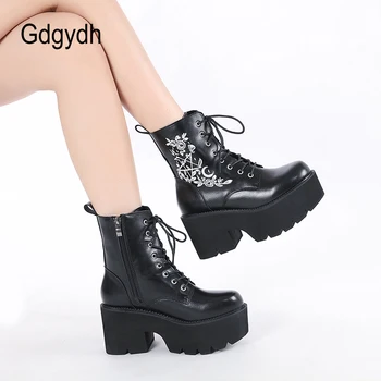 Gdgydh/Модни Армейските обувки на платформа с бродерия; най-разполага с магически обувки в готически стил на дебелите ток; сезон Пролет-Есен; веганские Обувки до средата на прасците от изкуствена кожа 1