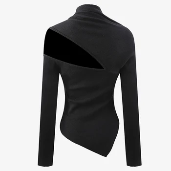 TWOTWINSTYLE Асиметрична Черна Тениска За Жени С Дълъг Ръкав, Отворени Фини Трикотажни Блузи, Дамски Модни Дрехи 2020 Г., Есента 1