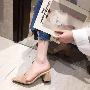 Велурени чехли Мюлер на Високо квадратен ток с остър пръсти, дамски летни обувки 2019 г., дамски модни Лоскутная дамски обувки за дребни подметка 1