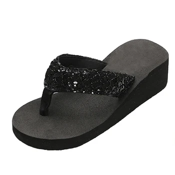 Плажни Сандали 2022 Нови Дамски Обувки на плоска Танкетке с пайети За момичета, Удобни Черни Прости Дишащи Дамски Обувки с Високо Качество 1
