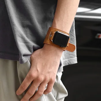 Ретро Кожена Каишка за Часовник в стил пънк за Apple Watch Band 44 мм 40 мм 42 мм 38 мм Широка Кожена Каишка за iWatch 6 Гривна Бижута за Мъже 1