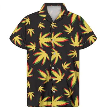 2022 Harajuku Кубинската Жълта Риза С Принтом Листа Плевели, Мъжки Ежедневни Риза с Къс Ръкав, Лятна Дишаща Плажна Риза 2
