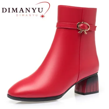 DIMANYU/модела обувки; дамски зимни Вълнени ботуши; Новост 2023 г.; Ботильоны от естествена Кожа, с Кръгли чучур Червен Цвят; дамски зимни Обувки За Банкет 2