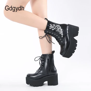 Gdgydh/Модни Армейските обувки на платформа с бродерия; най-разполага с магически обувки в готически стил на дебелите ток; сезон Пролет-Есен; веганские Обувки до средата на прасците от изкуствена кожа 2