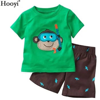 Hooyi/ Комплекти детско облекло с участието на червения Динозавър, Пижами с Динозавром За Момчета, Костюм от 2 теми, пижами за малки Момчета, Детска тениска, къси Панталонки, Панталони 100% Памук 2