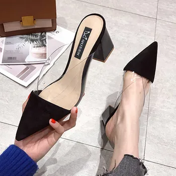 Велурени чехли Мюлер на Високо квадратен ток с остър пръсти, дамски летни обувки 2019 г., дамски модни Лоскутная дамски обувки за дребни подметка 2