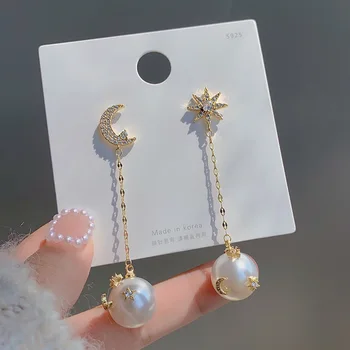 Корейската мода самоличността на звездата на луната диамант, перла пискюл S925 сребърни обеци, игла женски темперамент диви обеци 2