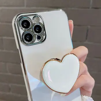 Луксозен Силиконов Калъф с покритие Love Heart за iPhone 7 8 Plus SE 2020 12 Mini 13 Xs Max Xr 11 12 Pro Max Поставка Притежателя Калъф за вашия Телефон 2