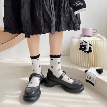 Новите черно-бели Чорапи, Пролетно-летни чорапи Ins с обемни Цветя, Корейски Дишащи Меш Сладки чорапи Kawaii Harajuku 2