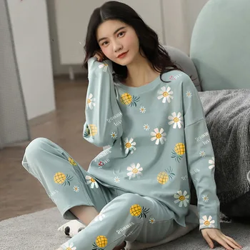 Пижами, изработени от чист памук Дамски Пролетни и Есенни модели с дълги ръкави За домашно обслужване Женски Прост Свободен Всекидневен костюм Голям размер 5XL 2