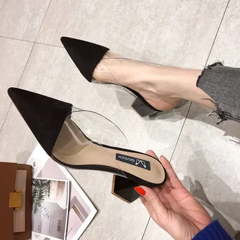 Велурени чехли Мюлер на Високо квадратен ток с остър пръсти, дамски летни обувки 2019 г., дамски модни Лоскутная дамски обувки за дребни подметка 3