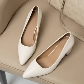 Есенни нови работни прости модни обувки на висок ток в корейски стил, обувки-лодка на дебелите обувки с остър пръсти 3